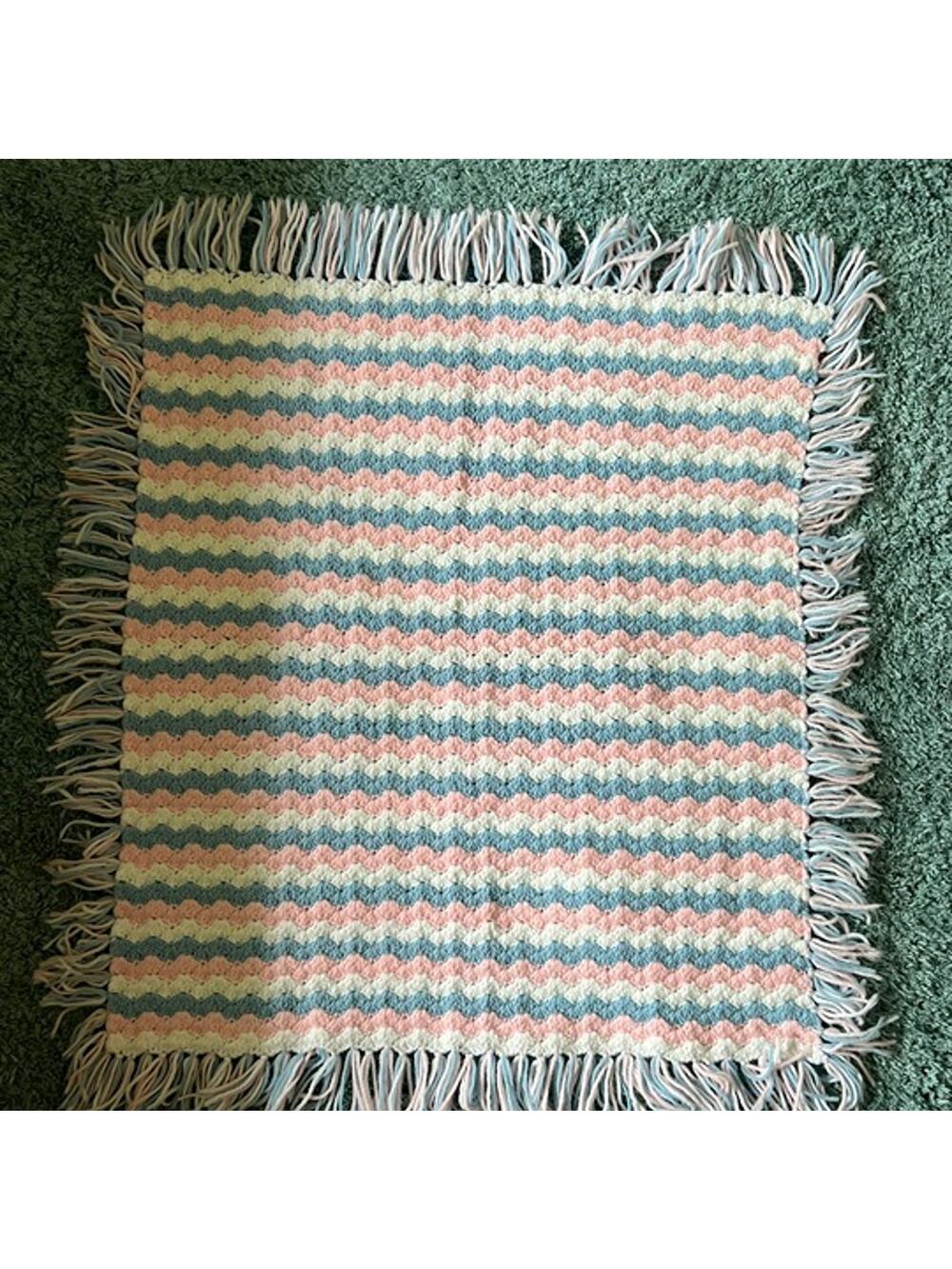 Vintage Homemade Crocheted Baby Blanket  blue pink and white